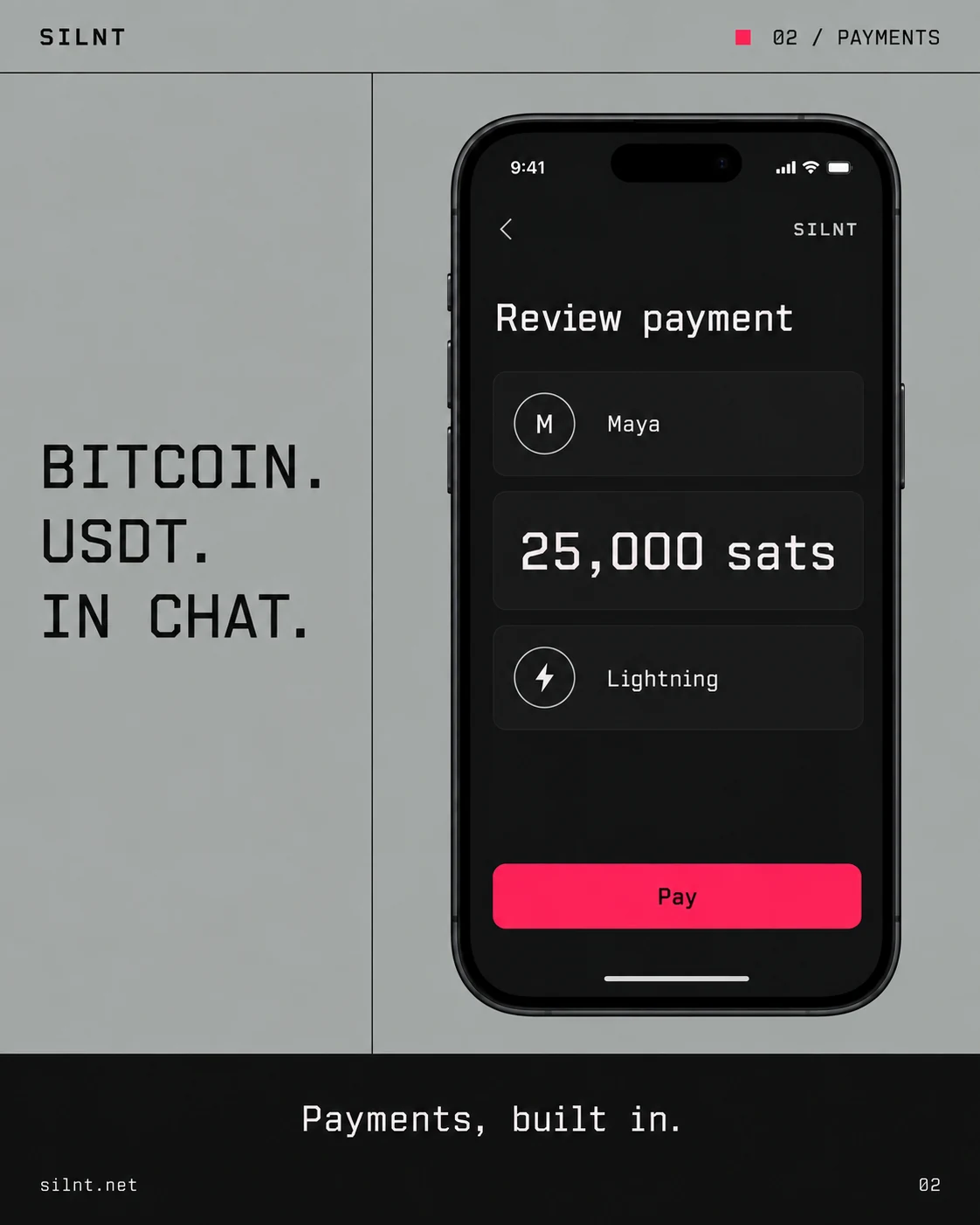 Illustrative SILNT payment review for a 25,000 sat Lightning payment