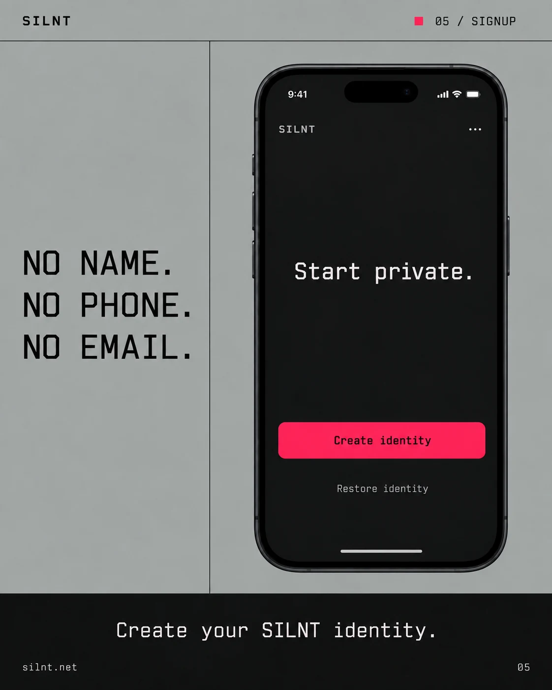 Illustrative SILNT private signup screen requiring no name, phone number or email