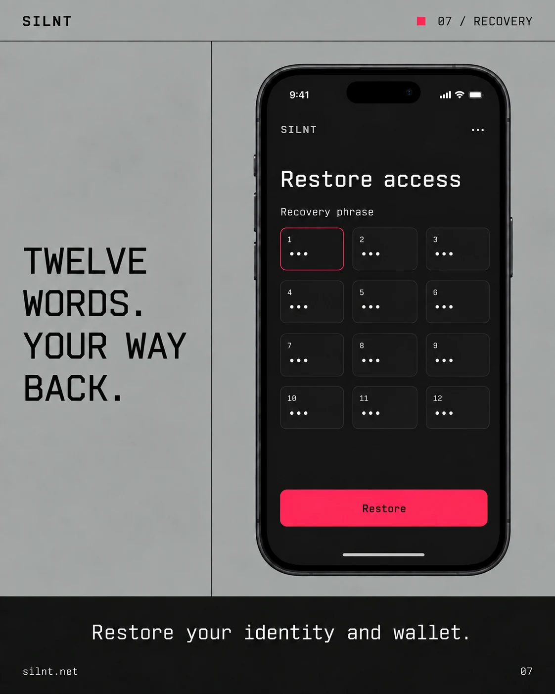 Illustrative SILNT recovery screen for a twelve-word recovery phrase