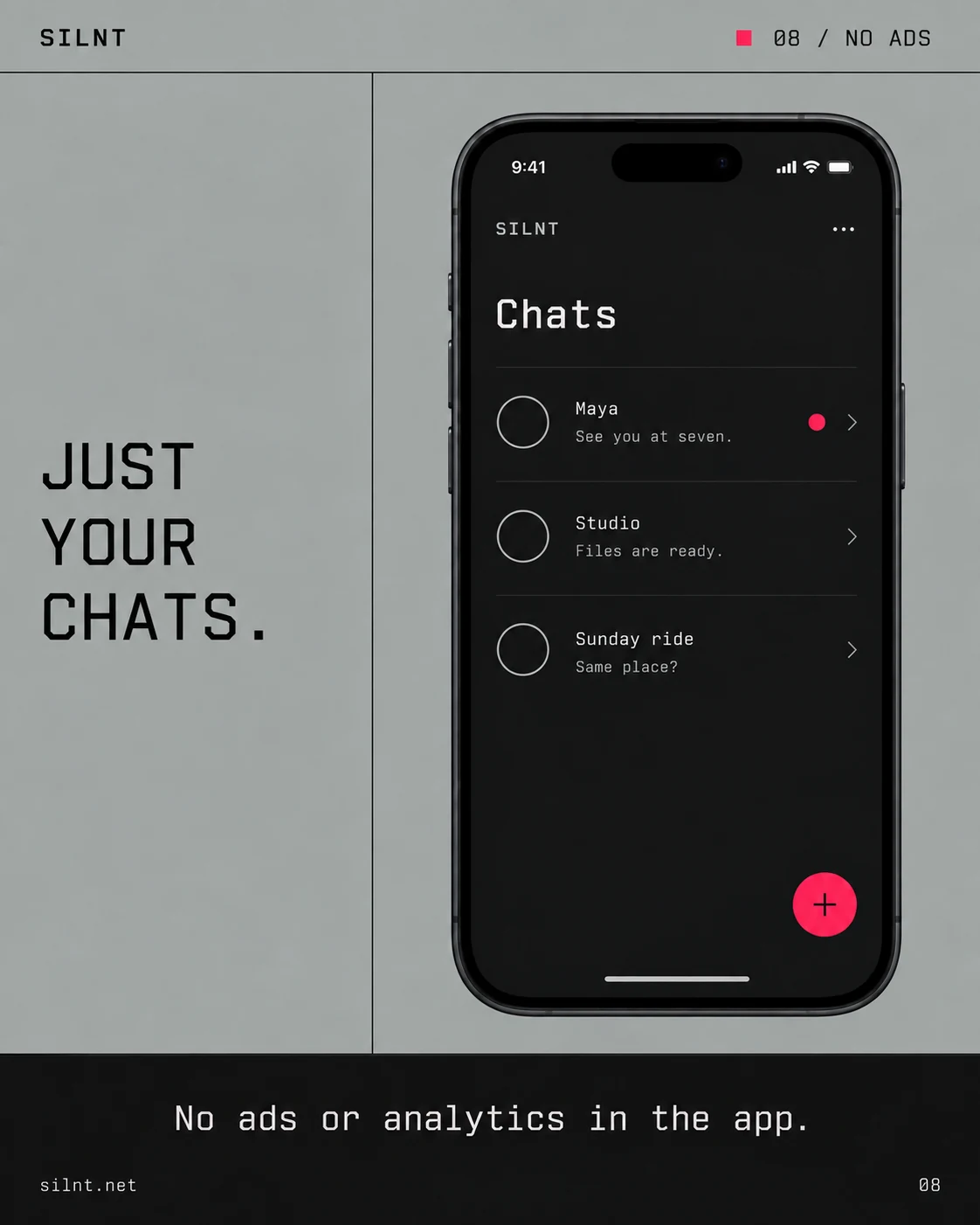 Illustrative SILNT chat list explaining that the app has no ads or usage analytics