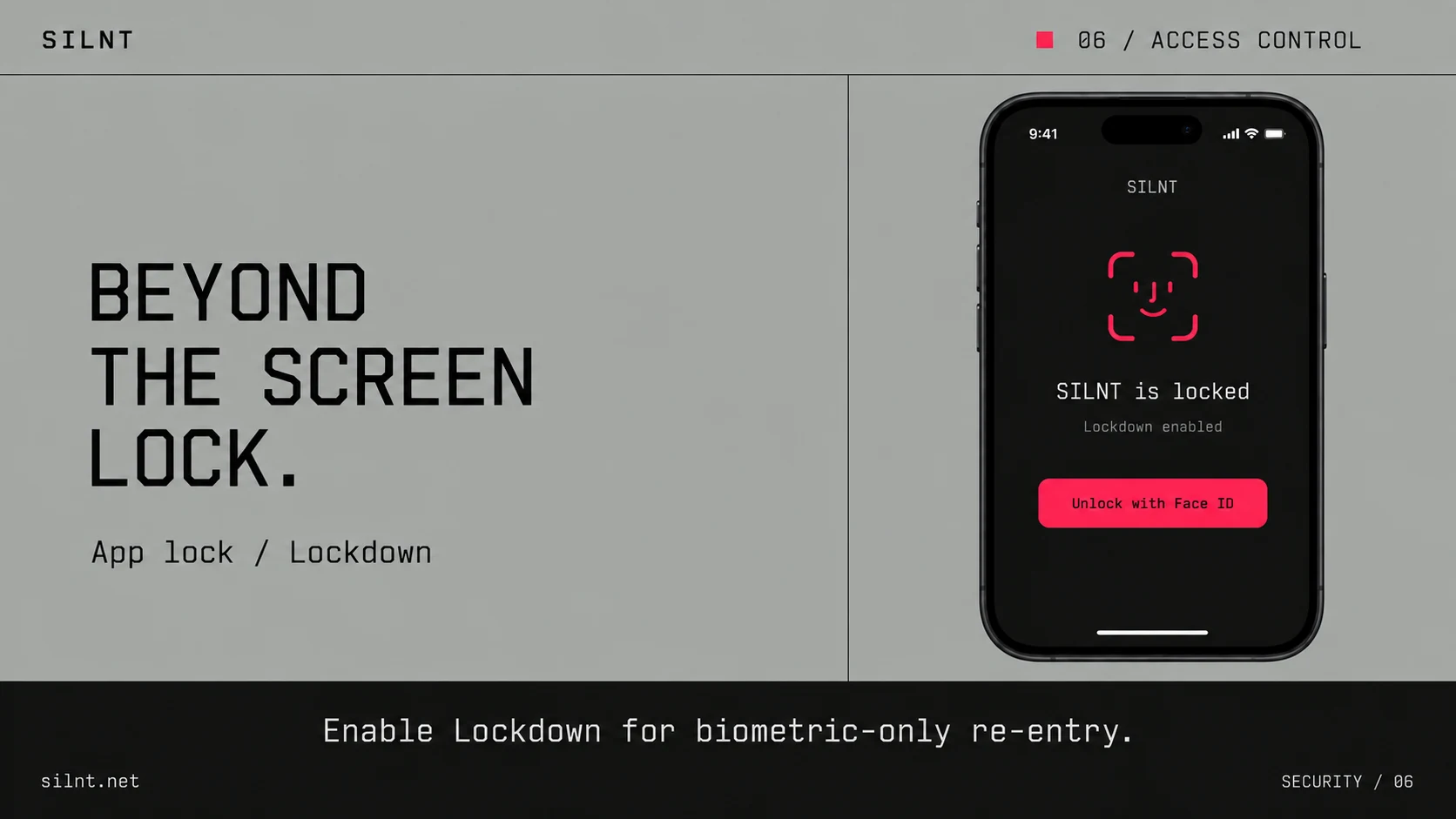 SILNT access-control illustration explaining app lock and Lockdown